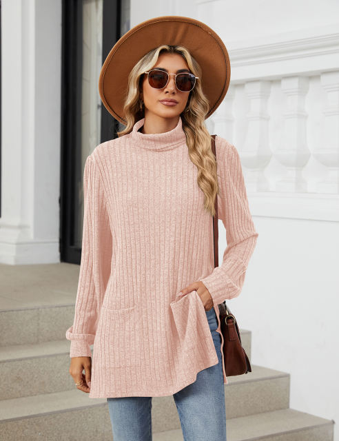 Pink Turtleneck Side Split Pocket Long Sleeve Tops