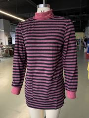 Red Striped Turtleneck Pocket Long Sleeve Tops