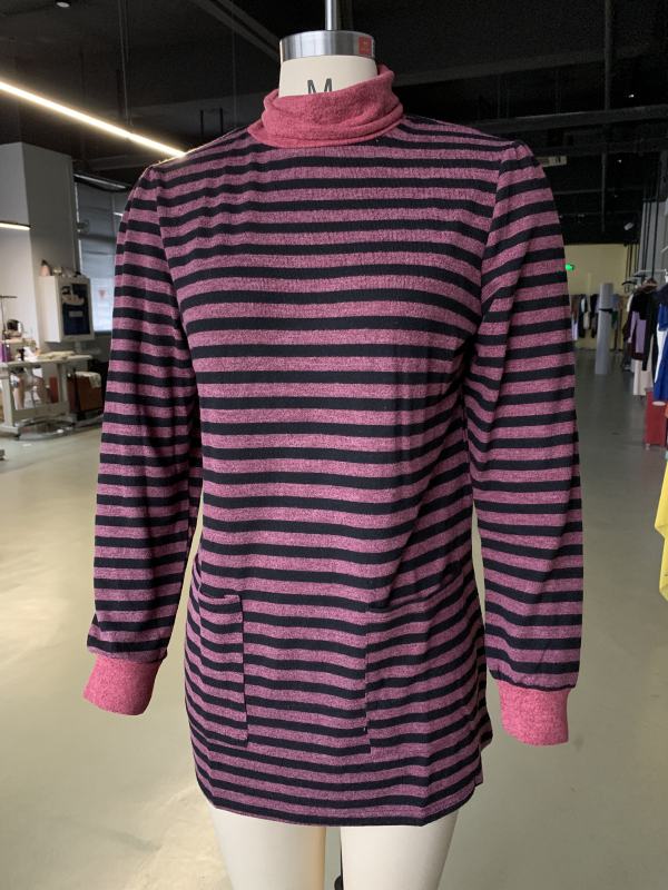 Red Striped Turtleneck Pocket Long Sleeve Tops