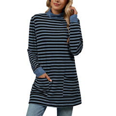 Blue Striped Turtleneck Pocket Long Sleeve Tops