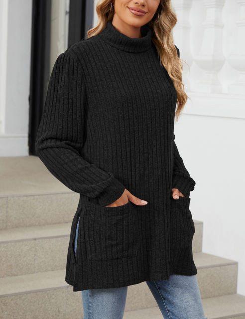Black Turtleneck Side Split Pocket Long Sleeve Tops
