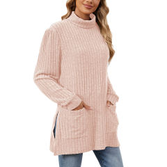 Pink Turtleneck Side Split Pocket Long Sleeve Tops