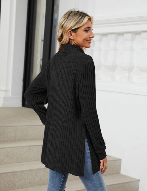 Black Turtleneck Side Split Pocket Long Sleeve Tops