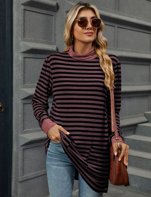 Red Striped Turtleneck Pocket Long Sleeve Tops