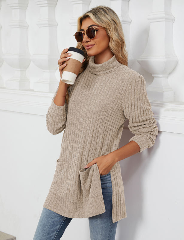 Khaki Turtleneck Side Split Pocket Long Sleeve Tops