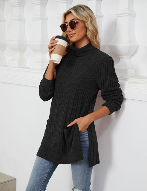 Black Turtleneck Side Split Pocket Long Sleeve Tops