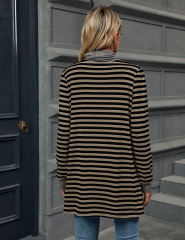 Coffee Striped Turtleneck Pocket Long Sleeve Tops