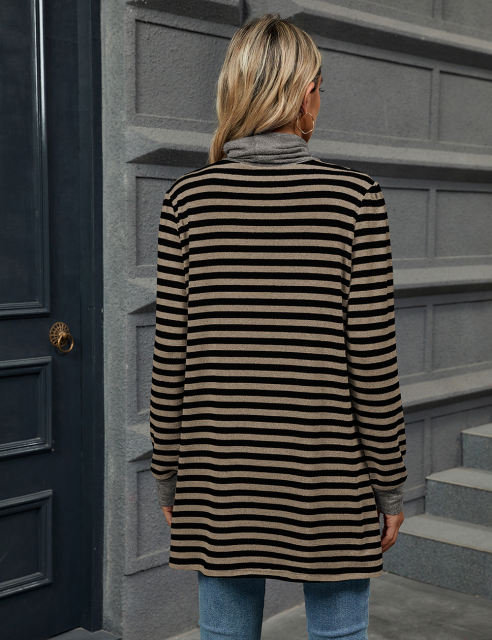 Coffee Striped Turtleneck Pocket Long Sleeve Tops