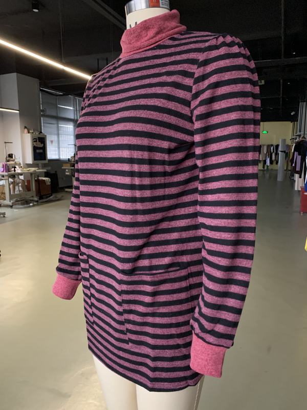 Red Striped Turtleneck Pocket Long Sleeve Tops