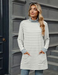 White Striped Turtleneck Pocket Long Sleeve Tops