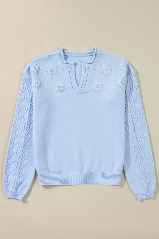 Beau Blue Flower Detail Knitted Notched Neck Sweater