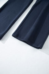 Navy Blue Solid Color Collared Sweatshirt and High Waist Pants Set