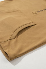 Brown Solid Kangaroo Pocket Half Zipper Oversized Hoodie