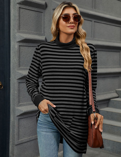 Black Striped Turtleneck Pocket Long Sleeve Tops