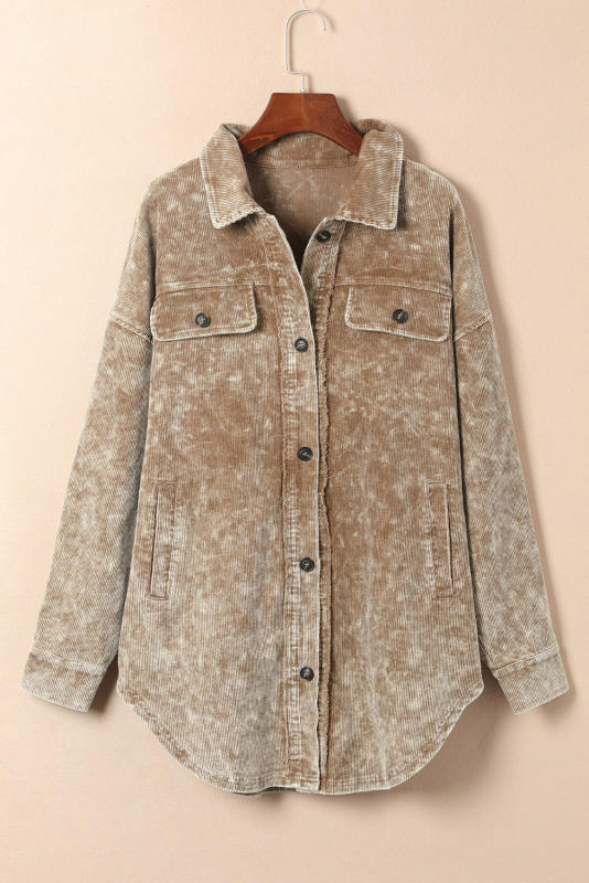 Khaki Vintage Distressed Mineral Wash Oversized Shacket