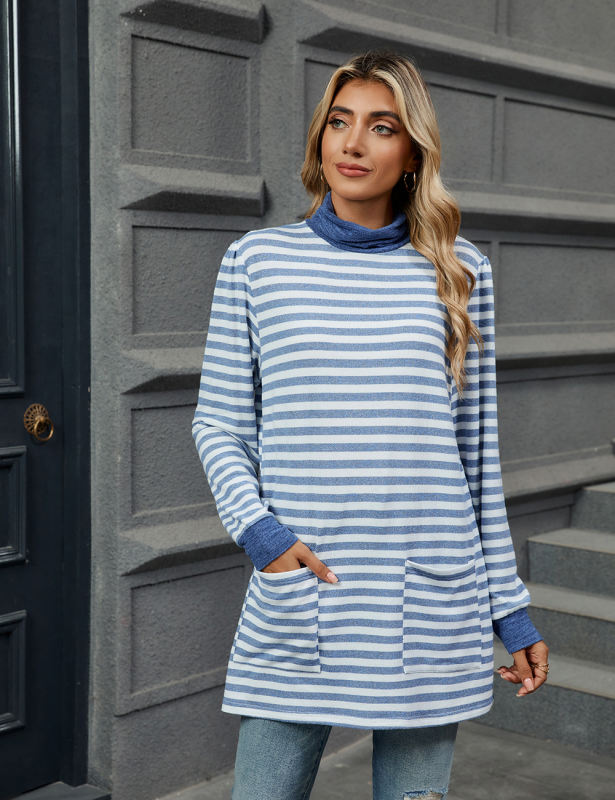 Light Blue Striped Turtleneck Pocket Long Sleeve Tops