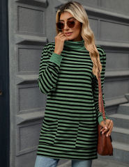 Green Striped Turtleneck Pocket Long Sleeve Tops