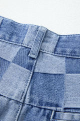 Dusk Blue Checkered Denim Wide Leg Jeans