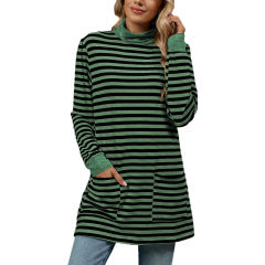 Green Striped Turtleneck Pocket Long Sleeve Tops