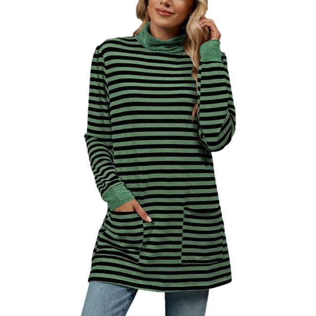 Green Striped Turtleneck Pocket Long Sleeve Tops