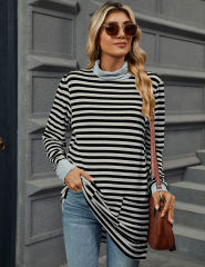 Gray Striped Turtleneck Pocket Long Sleeve Tops