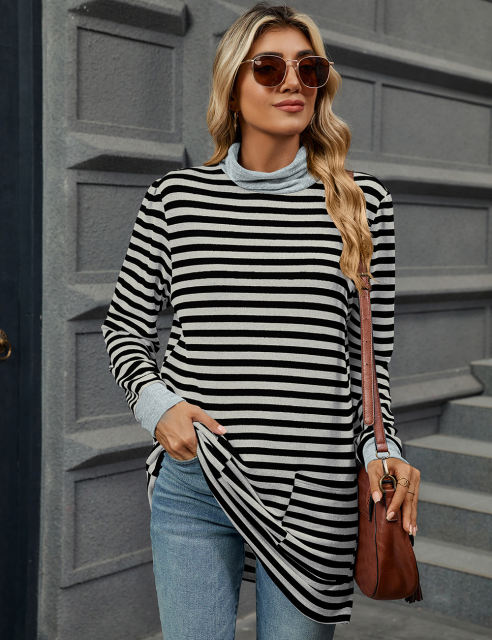 Gray Striped Turtleneck Pocket Long Sleeve Tops