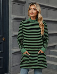 Green Striped Turtleneck Pocket Long Sleeve Tops