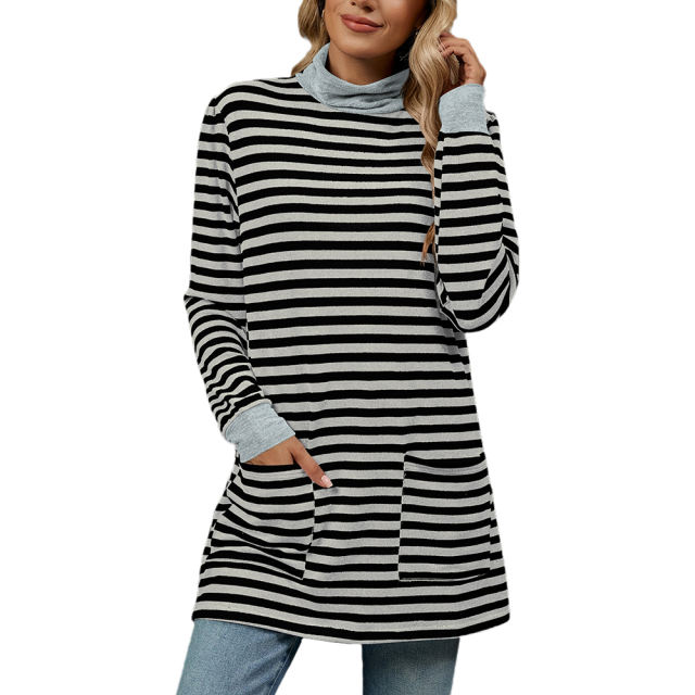 Gray Striped Turtleneck Pocket Long Sleeve Tops