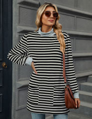 Gray Striped Turtleneck Pocket Long Sleeve Tops