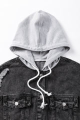 Black Drawstring Hooded Frayed Denim Jacket