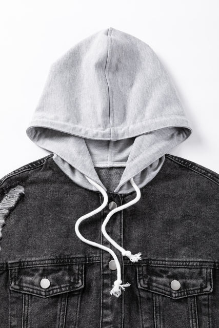 Black Drawstring Hooded Frayed Denim Jacket