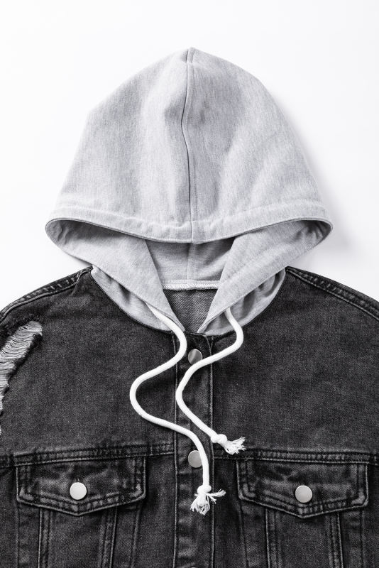 Black Drawstring Hooded Frayed Denim Jacket