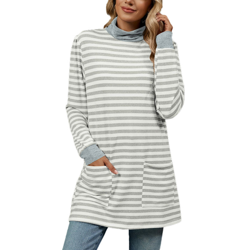 White Striped Turtleneck Pocket Long Sleeve Tops
