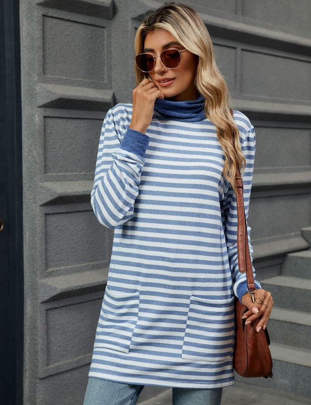Light Blue Striped Turtleneck Pocket Long Sleeve Tops