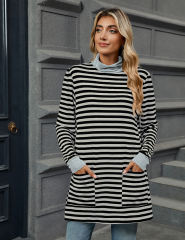 Gray Striped Turtleneck Pocket Long Sleeve Tops