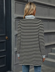 Gray Striped Turtleneck Pocket Long Sleeve Tops