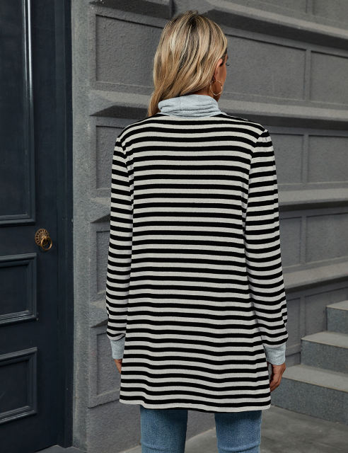 Gray Striped Turtleneck Pocket Long Sleeve Tops
