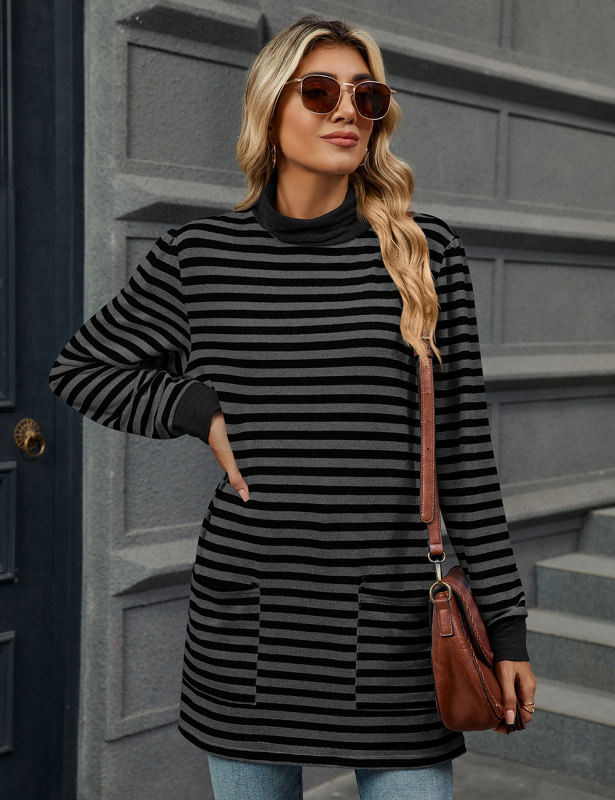 Black Striped Turtleneck Pocket Long Sleeve Tops