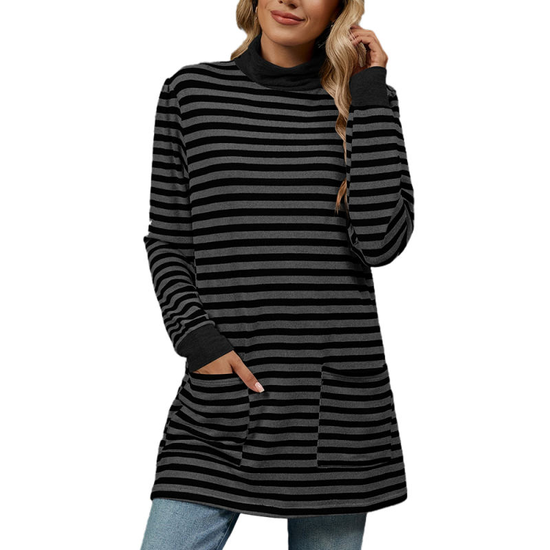 Black Striped Turtleneck Pocket Long Sleeve Tops