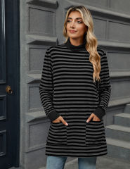 Black Striped Turtleneck Pocket Long Sleeve Tops