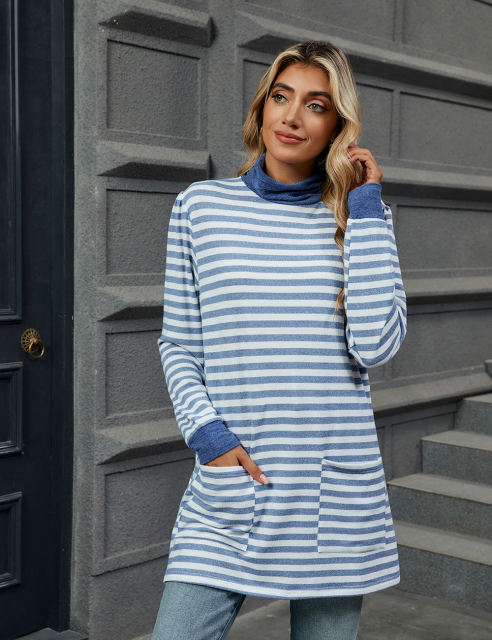 Light Blue Striped Turtleneck Pocket Long Sleeve Tops