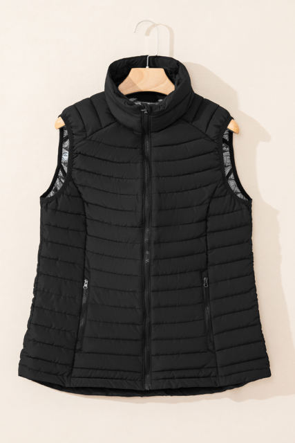 Black Plush Collared Quilted Zipped Puffer Vest