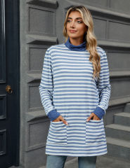 Light Blue Striped Turtleneck Pocket Long Sleeve Tops