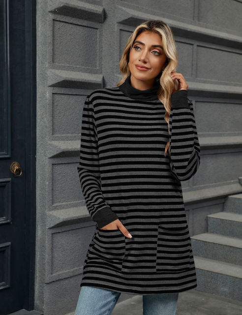 Black Striped Turtleneck Pocket Long Sleeve Tops