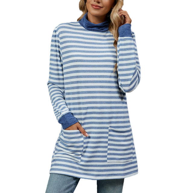 Light Blue Striped Turtleneck Pocket Long Sleeve Tops