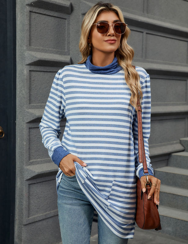 Light Blue Striped Turtleneck Pocket Long Sleeve Tops