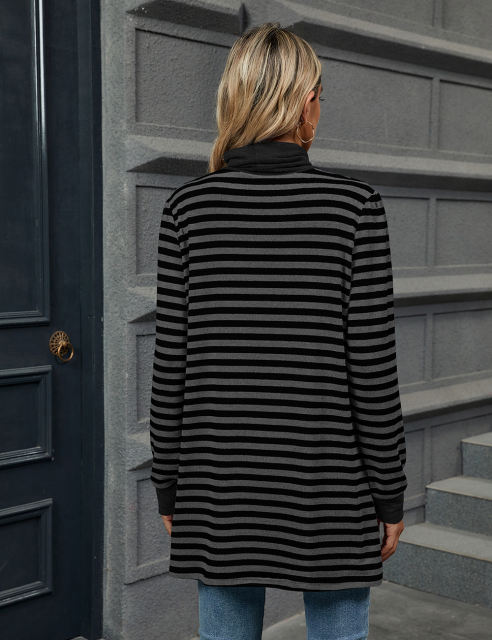 Black Striped Turtleneck Pocket Long Sleeve Tops