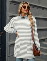 White Striped Turtleneck Pocket Long Sleeve Tops