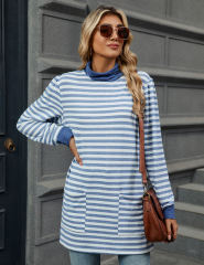 Light Blue Striped Turtleneck Pocket Long Sleeve Tops