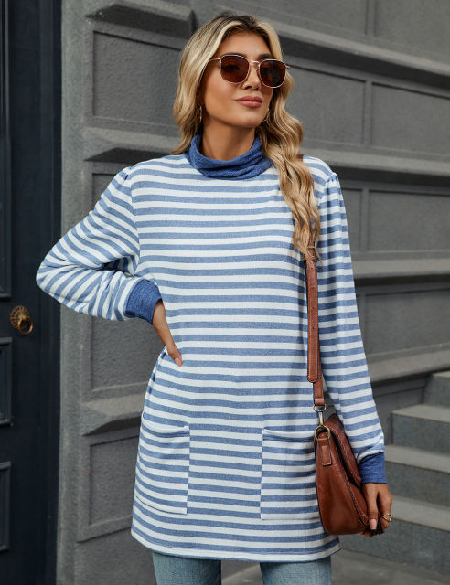 Light Blue Striped Turtleneck Pocket Long Sleeve Tops